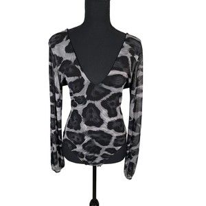 Love Culture Mesh Bodysuit Women Size M Black/Gray Wild Print Long Sleeve V-Neck